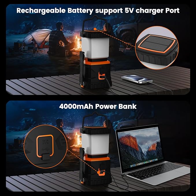 LED Camping Lantern Rechargeable,Solar Camping Light,1000LM, Camping Essential with 5 Ligth Modes 4400Ah Power Bank, for Power Outages, Emergency, Hiking, Outdoor(2Pack)