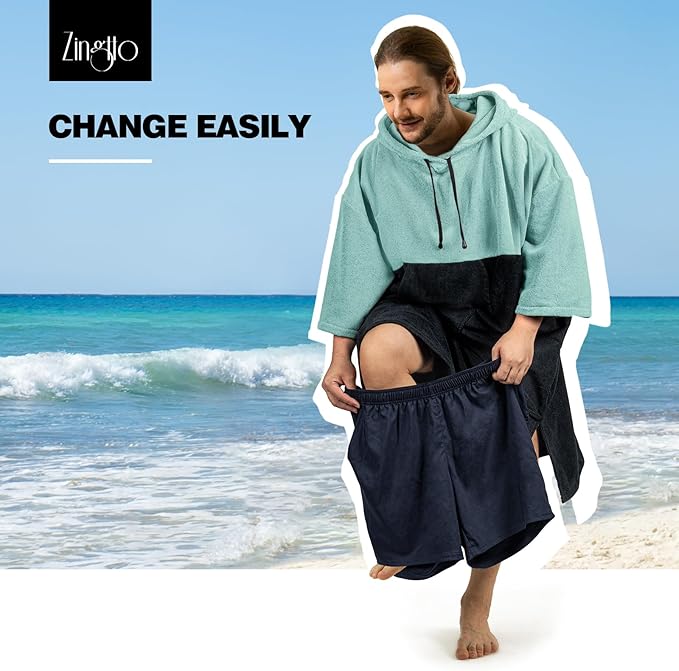 Surf Poncho Changing Robe, 3/4 Sleeve Extra Large Thick Hoodie Towel Poncho for Men Women Beach Swimming, 43‘’x35‘’, Black Teal