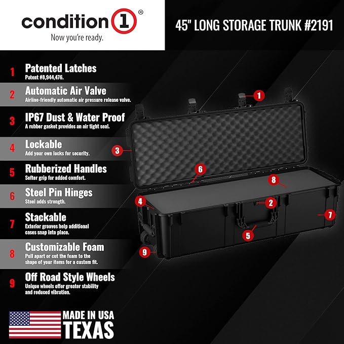 Condition 1 45" Long Hard Shell Carrying Case with Wheels, Waterproof, Protective, Storage for Music Equipment, Camera, Travel Case, Made in USA, 2191, 44.52"x16.30"x12.90" Black