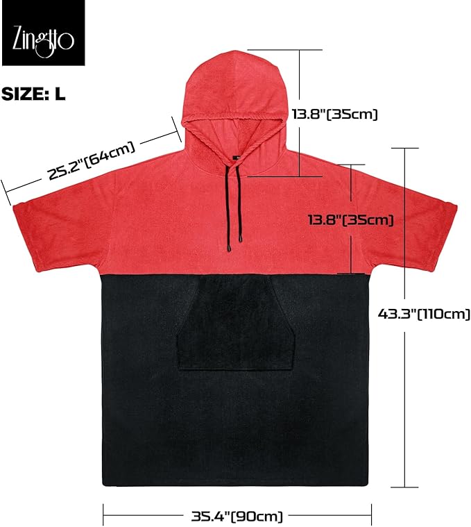 Surf Poncho Changing Robe, 3/4 Sleeve Extra Large Thick Hoodie Towel Poncho for Men Women Beach Swimming, 43" x 35", Black Coral Red