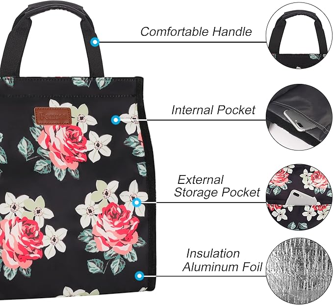Lunch Bags for Women Insulated Reusable Lunch Tote with Internal Pocket, Lunch Tote bag for Work (Flower)