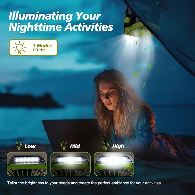 CONBOLA Portable Rechargeable Camping Tent Fan, LED Lantern, 20000mAh Battery - Operated Outdoor Fan with Hook, 270° Rotation, Small Quiet USB Cooling for Travel, Fishing