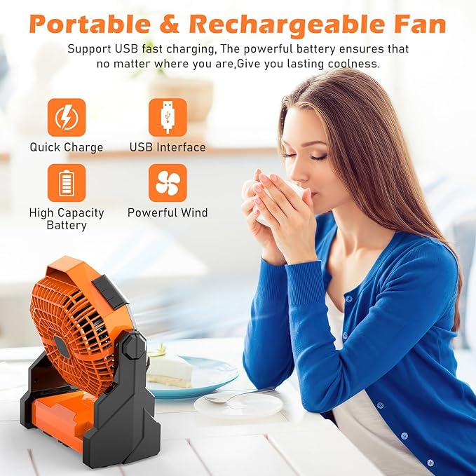 Camping Fan Rechargeable, 10400mAh Portable Battery Operated Camping Fan for Tents, Hangable USB Silent Camping Fans with LED Lantern, Suitable for Fishing, Camping, Bedroom, Workplace (Orange)
