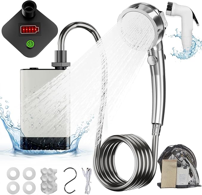 Portable Shower for Camping, Rechargeable Electric Camping Shower Pump with Battery Level Display, Multiple Spray Head with 3-Speed Mode & Pause Button for Outdoor Travel,Hiking, Easy to Store