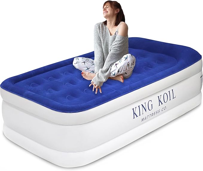 King Koil Luxury Twin Air Mattress with Built-in Pillow Top & Integrated High-Speed Patented Pump – 20" Inflatable Twin Blow Up Airbed for Camping, Home & Guests, Waterproof, 1-Year Warranty