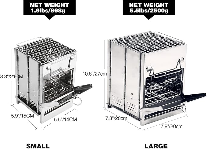 REDCAMP Wood Burning Folding Camp Stove Stainless Steel Grid, Portable Collapsible Backpacking Stove Survival Rocket Stove for Hiking Outdoor Tent Camping Picnic BBQ, Large