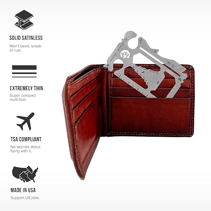 Wallet Multi-Tool, Pocket Monkey X Credit Card Tool, Bottle Opener, Stainless Steel, MADE IN USA