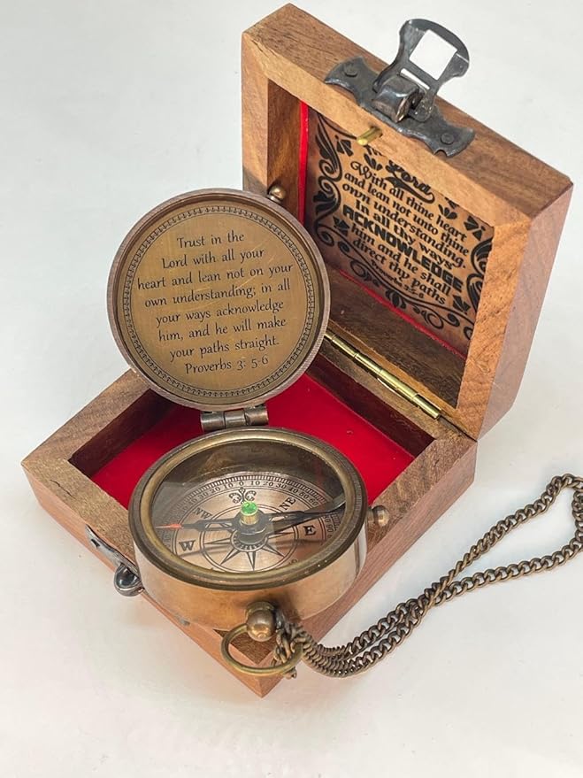 Brass Compass Engraved “Trust in The Loard” Compass is Unique Birthday Gifts for Men, Husband or Wife Customize Antique Compass is a Classy Gifts, with a Wooden Box.