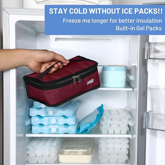 MIER Freezable Lunch Bag Frozen Mini Cooler Small Portable Insulated Lunch Box Freezer Snack Bags for Adult Travel Work, Dark Red