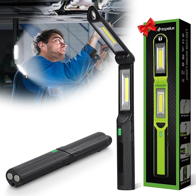 Ropelux Work Light, Rechargeable Led Work Light 1500 Lumens, 180° Rotate Foldable Mechanic Work Light 3 Modes, with 4 Strong Magnetic and Hook, Work Lights for Mechanics Car Repairing/Under Hood