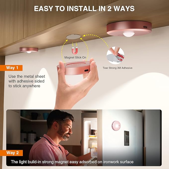 Puck Lights with Remote Control,2000mAh Rechargeable Under Counter Lighting,3 Color Temperatures Dimmable Under Cabinet,Closet Light,3Pack Tap Light for Hallway (Rose Gold, 3 Pcs)