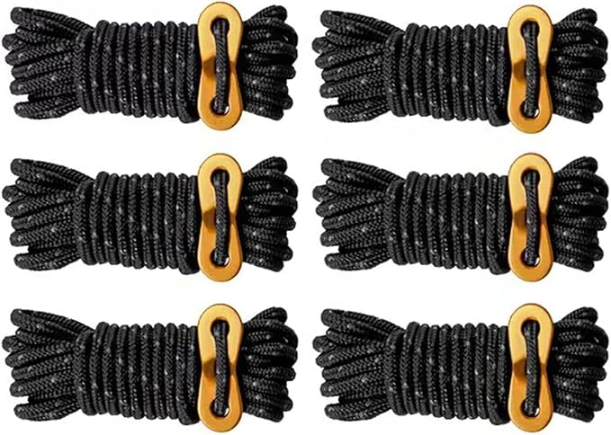 6 Pack 4mm Outdoor Guy Lines Tent Cords Reflective Canopy Wind Rope Lightweight Camping Rope with Aluminum Guylines Adjuster for Tent Tarp, Canopy Shelter, Camping, Hiking, Backpacking (Black)