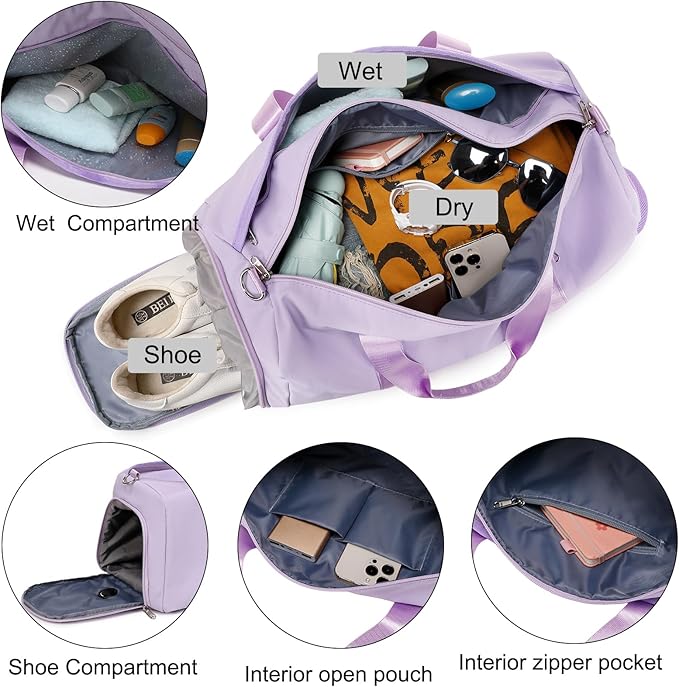 Dance Bag for Girls Sports Duffel for Girls Teen Duffle Bag Girls Weekender Bag Girls Overnight Bag Teen Gym Bag Travel Ballet Bags Yoga Bags Cheer Bag with Shoe Compartments(Purple)