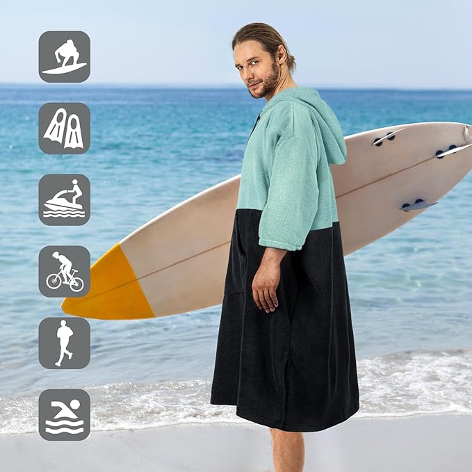 Surf Poncho Changing Robe, 3/4 Sleeve Extra Large Thick Hoodie Towel Poncho for Men Women Beach Swimming, 43‘’x35‘’, Black Teal