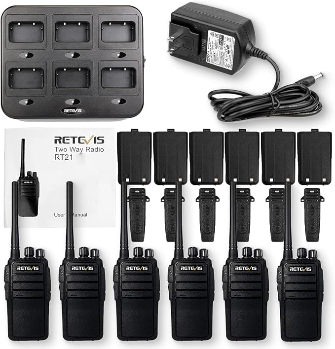 Retevis RT21 2 Way Radio Long Range, Walkie Talkies for Adults, Heavy Duty Rechargeable Two Way Radios with Six-Way Charger, for Manufacturing Education(6 Pack)