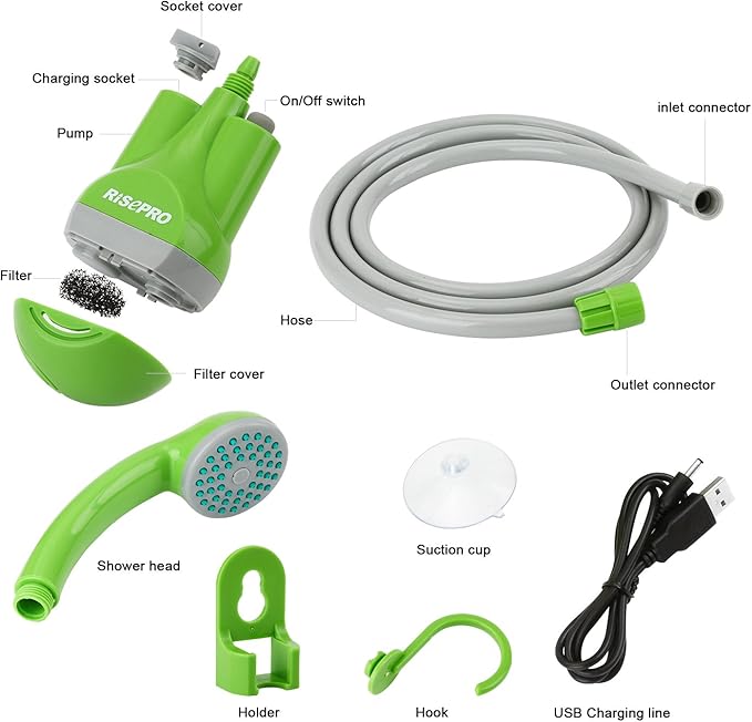 Portable Camping Shower, Outdoor Shower Head, Shower Pump, Rechargeable Battery, USB Charging Line, Pumps Water from Bucket, for Hiking, Pet Cleaning and Shower, Car Washing