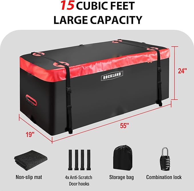 Rockland Soft Hitch Waterproof Cargo Carrier Bag, 14.5 cu. ft., 55" x 19" x 24", 100% Weather Resistant Storage with an Anti Theft Lock and 4 Safety Straps with Hooks for Cars, Trucks, SUVs