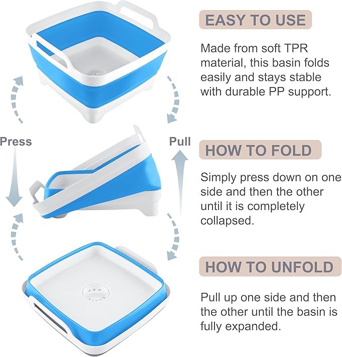 2.4 Gal(9L) Collapsible Dish Basin with Drain Plug, Space Saving Outdoor Multiuse Foldable Sink Tub, Dishpan, Kitchen Storage Tray for Camping, Vegetable Washing, RV (Sky Blue)