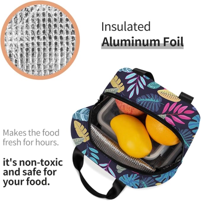 Imiss Blue Tropical Leaves Insulated Lunch Bag for Woman Man Adults, Hawaii Hawaiian Plants Reusable Cooler Lightweight Lunch Cooler Bag with Front Pocket for Picnic Work Office