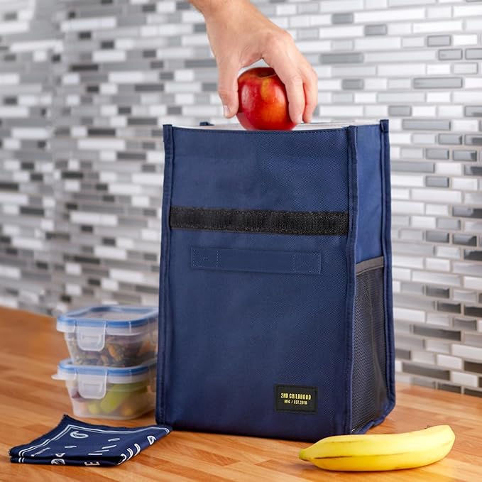 Insulated Lunch Bag for Men and Women; Rolltop Lunch Box with 2 Side Mesh Pockets and 1 Exteral Slip Pocket (Blue)