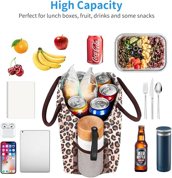 Lunch Bag Women,Lunch Box Adult for Women Men Reusable Insulated Lunch Tote Bag,Leakproof Food Handbags Case High Capacity for Travel Work Picnic Beach,Leopard