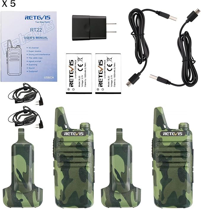 Retevis RT22 Walkie Talkies with Earpiece, Portable FRS Two-Way Radios, Camouflage, Compact, Lightweight, VOX Hands Free, Handheld 2 Way Radio with Headsets(10 Pack)