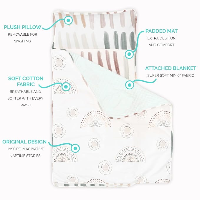 JumpOff Jo - Toddler Nap Mat - Sleeping Bag for Kids with Removable Pillow and Ultra Soft Blanket for Preschool, Daycare, and Sleepovers - Rainbow Dash