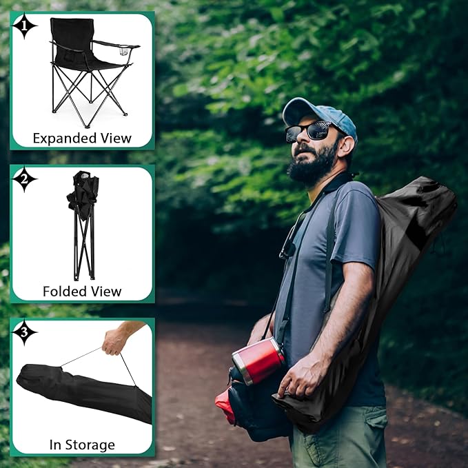 HaSteeL Camping Chair, Oversized Folding Lawn Chair for Adults, Foldable Camp Chair with Cup Holders Portable for Outdoor Fishing, Hiking, Travel, Picnic, Beach, Carrying Bag & Supports 275lbs (Black)