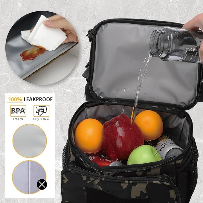 ATRIPACK 2 Compartment Lunch Bag for Men Adult, Tactical Lunch Box Leakproof Insulated Large Cooler Bag for Work with Adjustable Shoulder Strap Flag Double Layer Lunch Pail(Camo-Black)