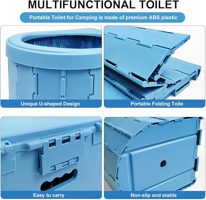 Upgrade Portable Foldable Toilet, Outdoor Toilet for Camping Hygiene & Sanitation, Emergency Potty for Truck Travel Hiking Fishing Long Trip, Floding Toilet with lid, storage bag, and 15 pc trash bags
