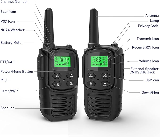 Rechargeable Walkie Talkies,Fvamom Walkies Talkies for Adults with 22 Channels,Long Range Walkie Talkies with NOAA Weather Channels,VOX LCD Display LED Flashlight for Hiking Camping Trip(Black)
