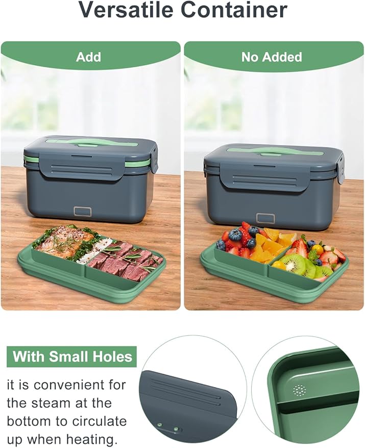 Monteka Electric Lunch Box Food Heater, Upgrade 100W High Power Portable Food Warmer, Heated Lunch Box for Adults Car/Home with 1.8L Removable Stainless Steel Container, 12V/24V/110V/220V, Grey