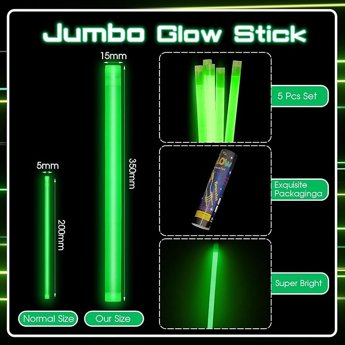 Lewtemi 5 Pcs Large Glow Sticks, 14 Inch Jumbo Light up Sticks Holiday Colorful Sticks Emergency Glow in The Dark Party Supplies for Camping, Halloween, New Year