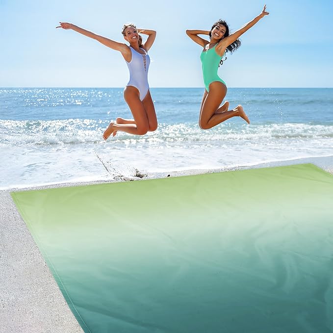 Beach Blanket Waterproof Sandproof, Large Beach Picnic Blankets Foldable Sand Free, Beach Mat Windproof w/Stakes and Corner Pocket for Outdoor, Travel, Camping, Hiking, Beach Essentials-Green Gradient