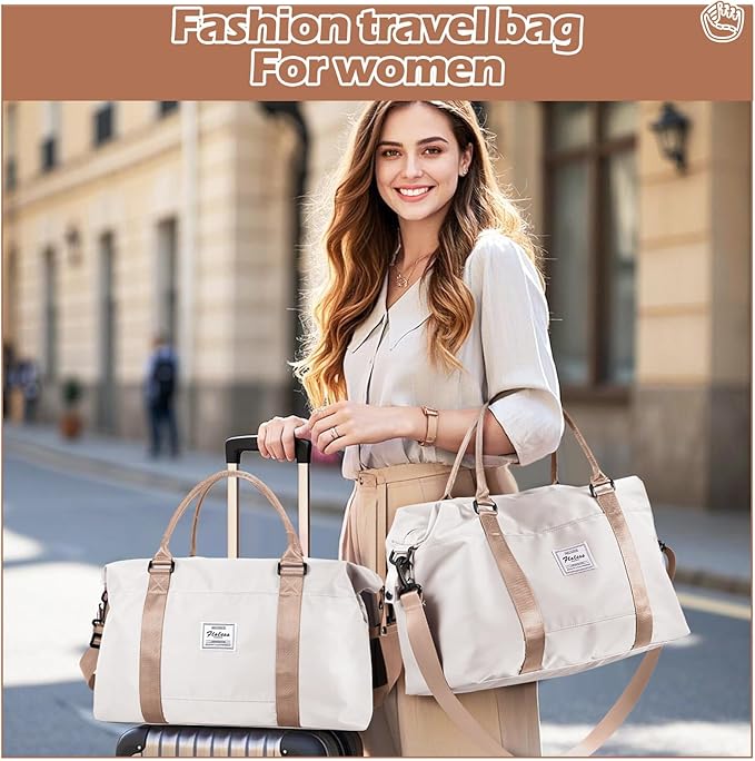 Gym Bag Womens Mens with Wet Pocket, Travel Duffel Bag for Plane, Sport Gym Tote Bags Swimming Yoga, Waterproof Weekend Overnight Carry on Bag Hospital Holdalls,Off White