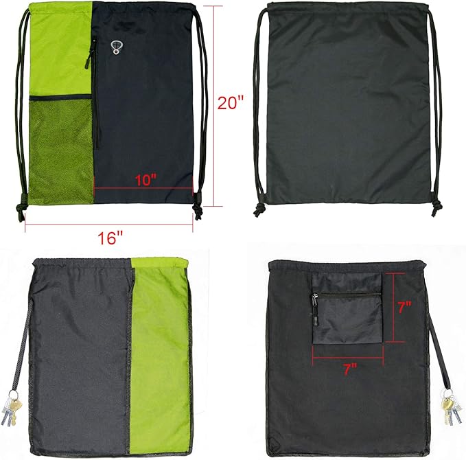 Drawstring Backpack Sports Gym Bag for Women Men Large Size With Two Zipper Pockets and Water Bottle Mesh Pockets