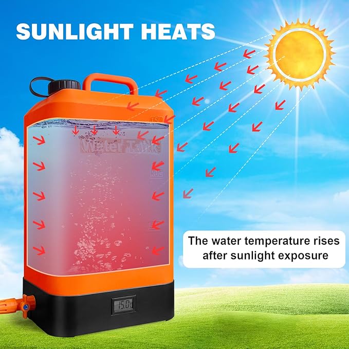 Portable Outdoor Shower, 4.5 Gallon Silicone Water Tank, Battery Powered and with Temperature Display, Solar Heating, Easy to Carry, Emergency Water in The car, Very Suitable for Camping, Beach