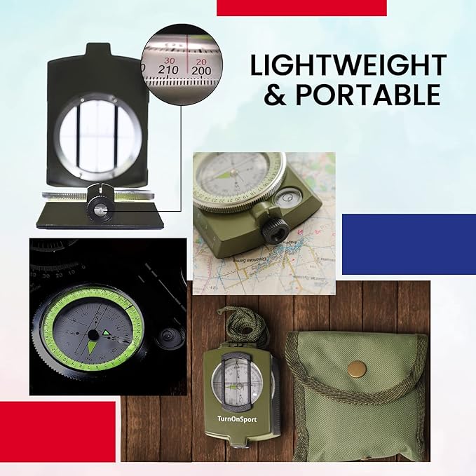 TurnOnSport Lensatic Military Compass - Tritium Compass with Pouch for Hiking, Camping, Backpacking & Survival Navigation