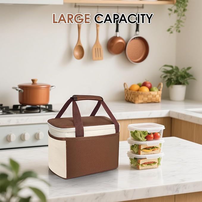 Reusable Lunch Box Lunch Bag for Women Men Insulated Lunch Bag Women Lunch Cooler Tote Bags for Office Work Picnic Outdoor Travel, Brown