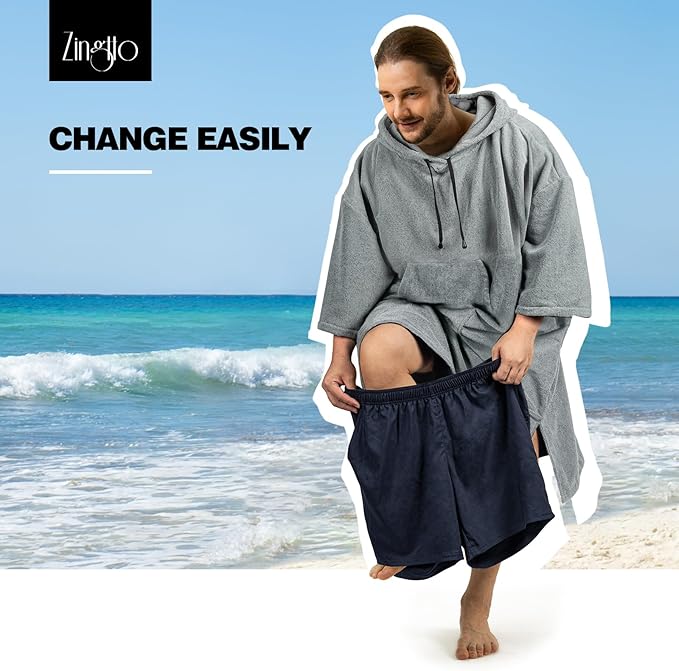 Surf Poncho Changing Robe, 3/4 Sleeve Extra Large Thick Hoodie Towel Poncho for Men Women Beach Swimming, 43" x 35", Gray