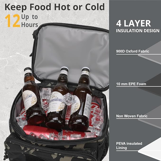 ATRIPACK 2 Compartment Lunch Bag for Men Adult, Tactical Lunch Box Leakproof Insulated Large Cooler Bag for Work with Adjustable Shoulder Strap Flag Double Layer Lunch Pail(Camo-Black)