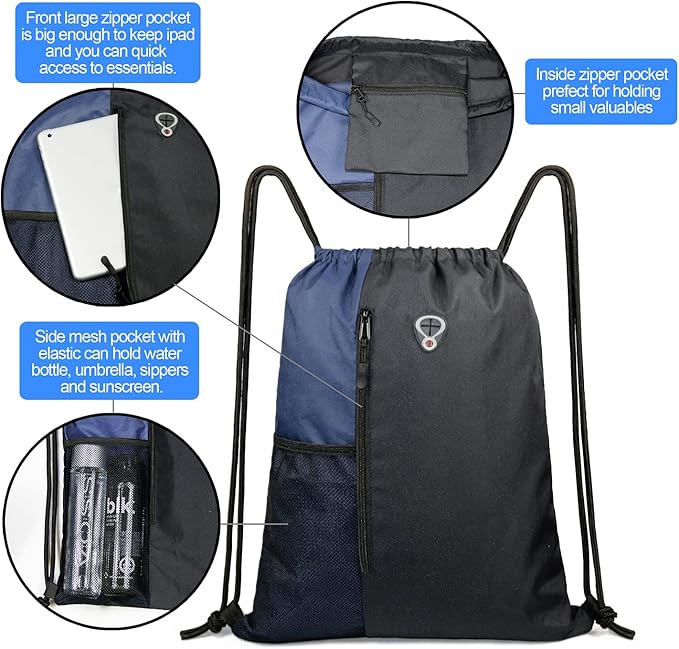 Drawstring Backpack Sports Gym Bag for Women Men Large Size With Two Zipper Pockets and Water Bottle Mesh Pockets