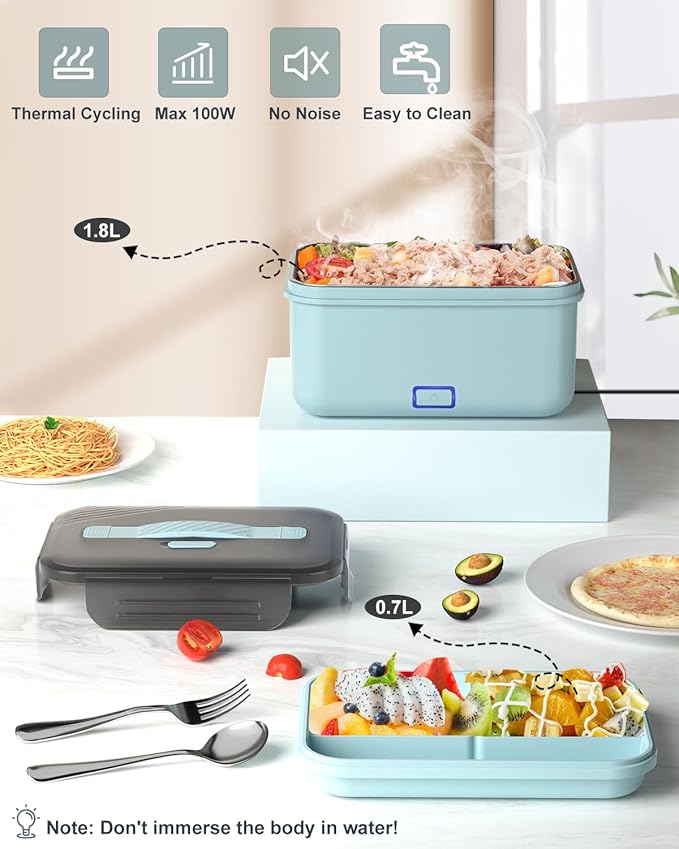 Monteka Electric Lunch Box Food Heater, New 100W High Power Portable Food Warmer, Heated Lunch Box for Adults Car/Home with 1.8L Removable Stainless Steel Container, 12V/24V/110V/220V