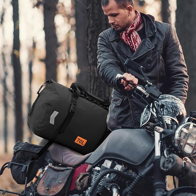 Motorcycle Dry Bag, Waterproof Duffel Bag & Roll-top Dry Duffel Bag, Motorcycle Luggage Travel Bag with Air Valve & Quick-adjust Straps For Riding,Travel, Black, 70L