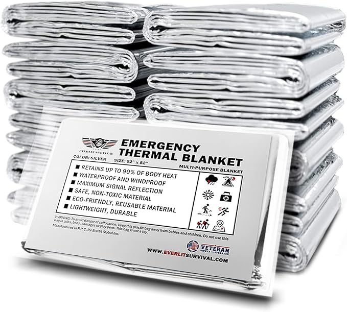 EVERLIT Survival Emergency Mylar Thermal Blanket, Foil Space Blanket Designed for NASA, Body Warmer Blanket for Outdoor, First Aid, Camping Gear, Hiking Travel (Silver, 12 Pack)