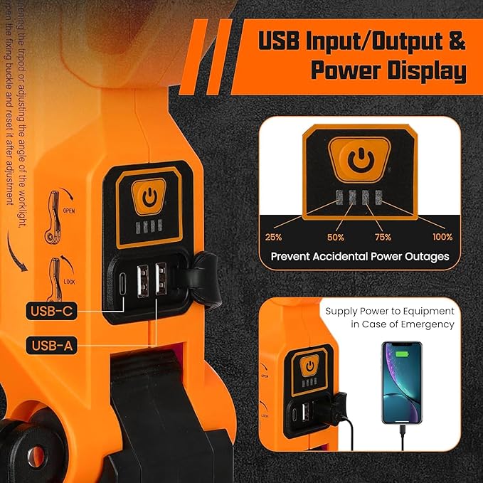 Rechargeable Cordless LED Work Light with Stand 8000 Lumen Portable LED Portable Job Site Lighting Dimmable Led Work Light for Indoor/Outdoor Lighting(Orange)