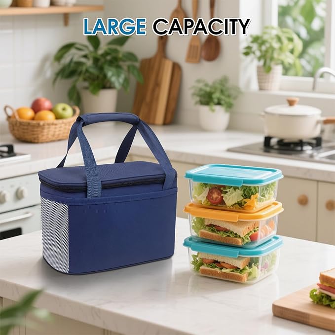 Reusable Lunch Box Lunch Bag for Women Men Insulated Lunch Bag Women Lunch Cooler Tote Bags for Office Work Picnic Outdoor Travel, Navy blue