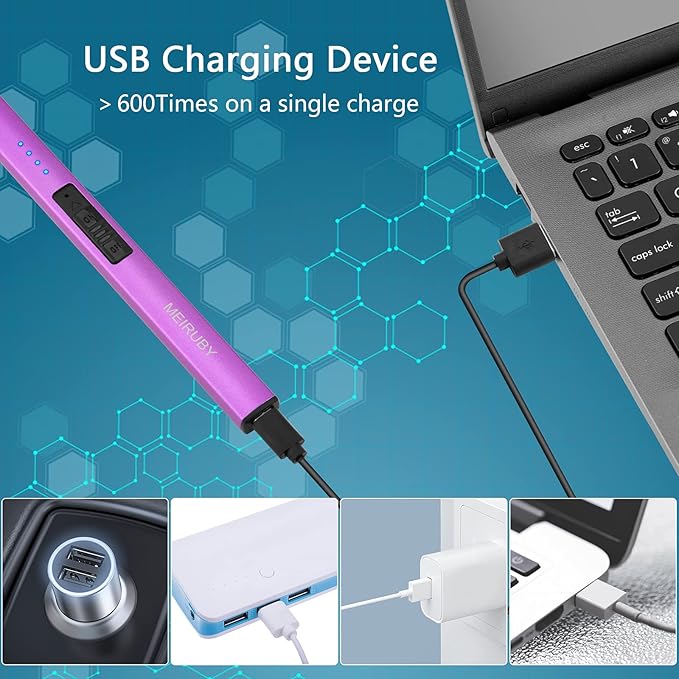 MEIRUBY Lighter Electric Candle Lighter Long Electronic Rechargeable USB Lighter Arc Windproof Flameless Lighters for Candle Camping BBQ Birthday Women's Day Gifts for Women Mom Wife Men, Purple