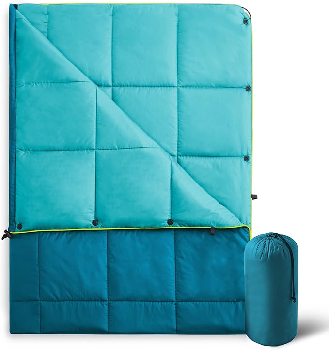 UNIKOME Outdoor Packable Camping Blanket, Lightweight Travel Blanket, Dual-Sides Waterproof Puffy Down Alternative Blanket with Snap Clasps, 75"×52", Lake Blue&Sky Blue