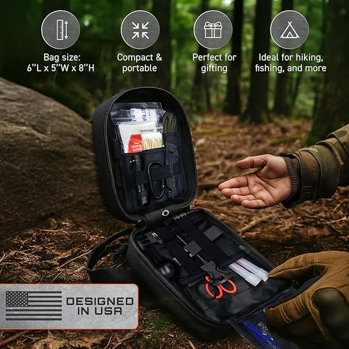 GunZee 175-Piece Survival Kit, First Aid Kit for Emergency and Outdoor Adventures, IFAK, Fishing Gear, MOLLE-Compatible Bag, Car Travel, Camping, Hiking, Earthquake, Tornado, Gifts for Men and Women